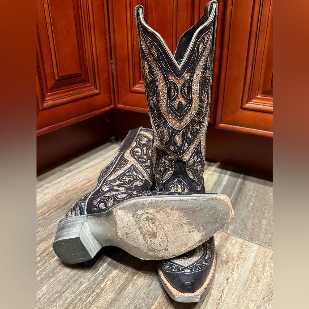 JB Dillon Black Glitter Inlay Sparkle Cowboy Boots Size 7.5 RARE Wedding Cowgirl - Picture 11 of 14